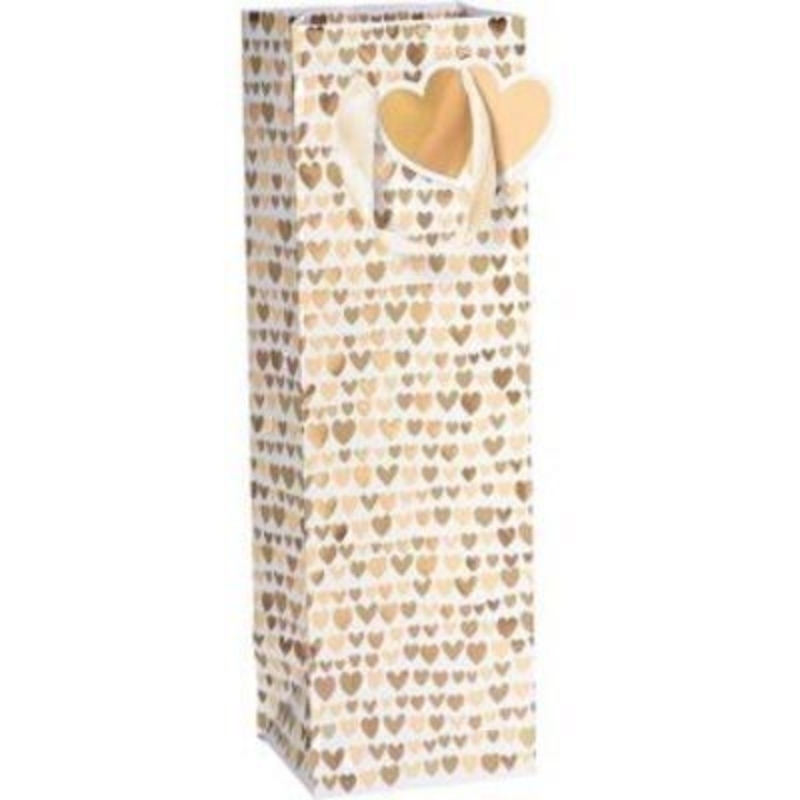A white and gold heart patterned Nicoletta gift bag by Swiss Designer Stewo. With White ribbon handles embossed gold hearts and hot foil stamping this bag is perfect for those celebratory bottles of bubbles and has all the quality and detailing you woul